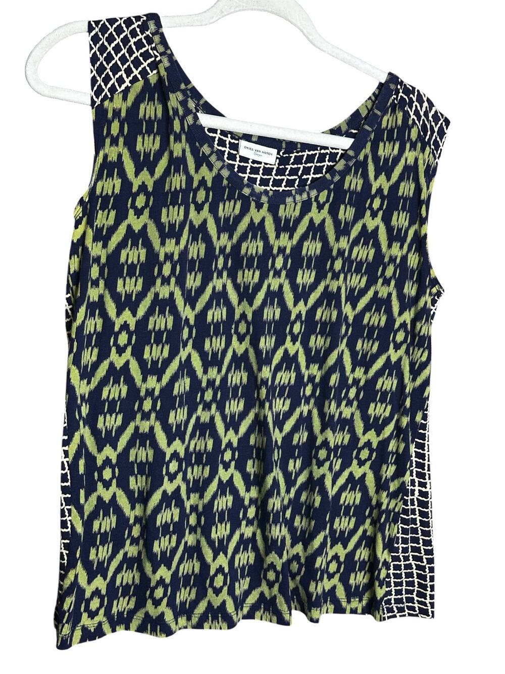 Dries Van Noten Large Sleeveless Top Mixed Print Ikat Geometric Navy Lime Green